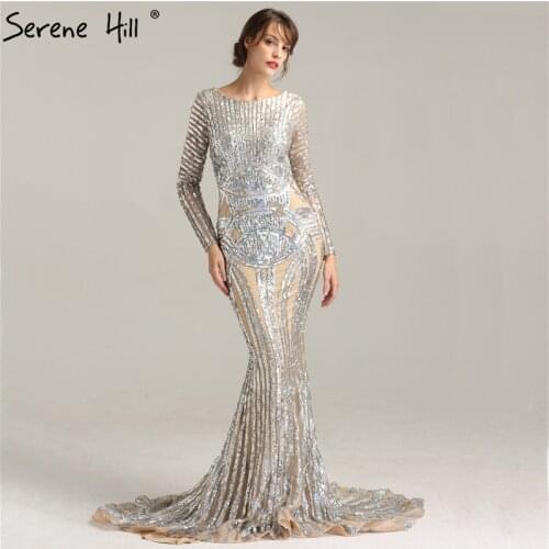 Luxury Grey nude Sexy Sequined Long Sleeves Evening Dress Nude Backless Mermaid Evening Gowns 2020 Serene Hill LA6014