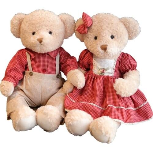 Nice 45cm 2pcs/Set Couple Teddy Bear Plush Toys Kawaii Stuffed Doll With Plaid Clothe Best Birthday Gift Christmas for Boy Girls