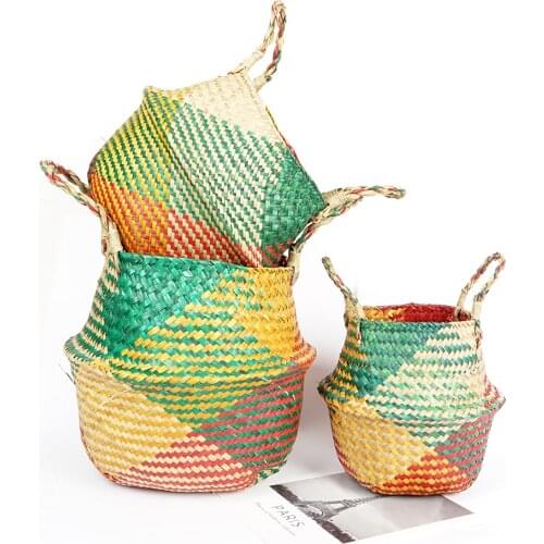 Seagrass Rattan Wicker Storage Basket Folding Woven Plant flower Basket Garden Pot Vase Sundries Toys Dirty Laundry Cloth Basket