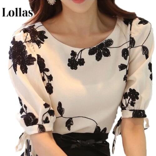 Korean chiffon shirt womens round neck print loose size 5 / 4 sleeve womens Chiffon Top