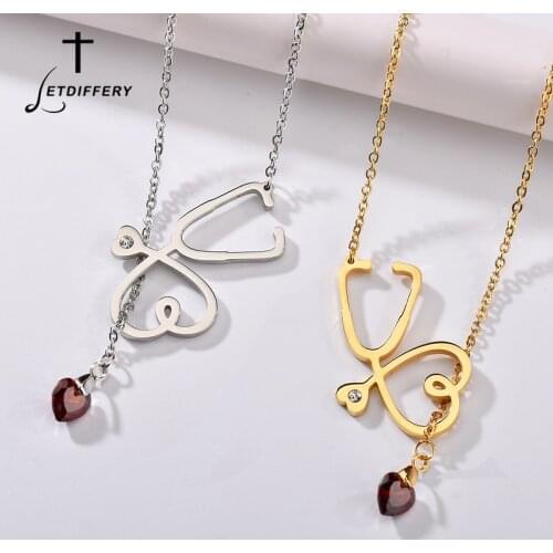Letdiffery Vintage Stethoscope Nurse Red Heart Crystal Necklaces Stainless Steel Adjustable Women Jewelry Doctors Gifts