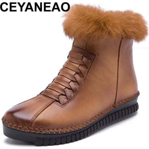 CEYANEAO Women Snow Boots Winter Genuine Leather Ankle Boots For Woman Retro Zip Warm Pluch Flat Winter Shoes Female Boots