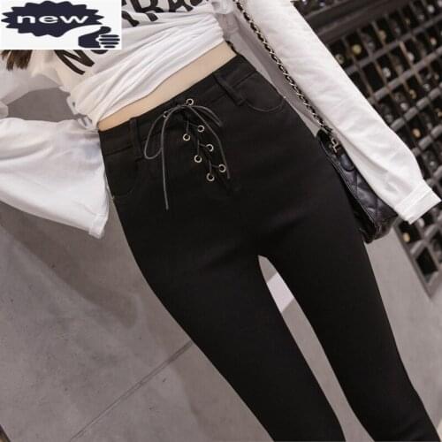 Women High Waist Lace Up Pencil Pants Stretchy Slim Fit Skinny Jeans Black Denim Ladies Ankle Length Casual Streetwear Trousers