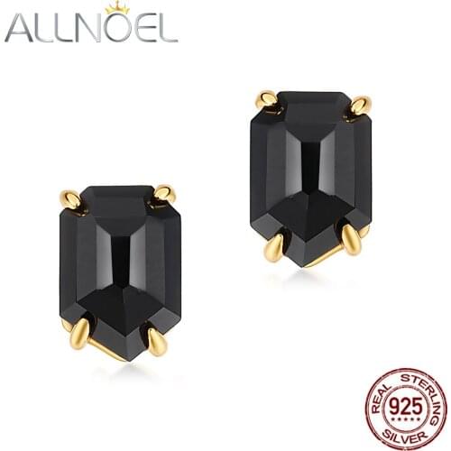 ALLNOEL 925 Sterling Silver Earrings For Women 100% Natural Irregular Black Agate Earrings Gold-Plated Engagement Fine Jewelry