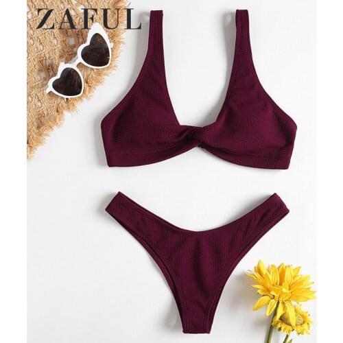 ZAFUL Summer Bikini Textured Twist Front Bathing Suit Padded Women Thong Bikinis Set Solid Sexy Low Waist Beach Swimwear 2021