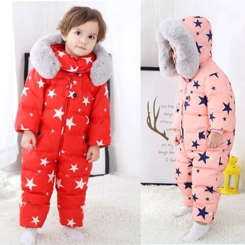 2021 Winter Hooded Baby Girl Jumpsuit Fur Warm Kids Boy Romper Outdoor Children Snow Suits Down Windproof Sport Toddler Clothes