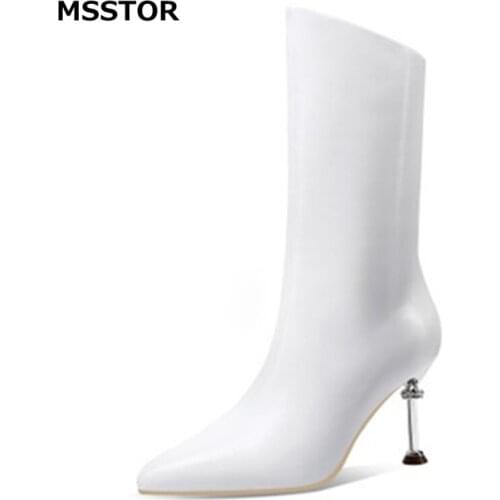 Thin Heels White Boots Women Genuine Leather Concise Pointed Toe Elegant Leather Boots Women Zipper Party Ladies Heels