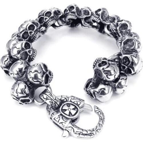 2015 New Perfect Men Biker 316L Stainless Steel Gothic Punk Skull Heads Link Chain Bracelet 24mm 8.66'' 127g For Birthday Gifts
