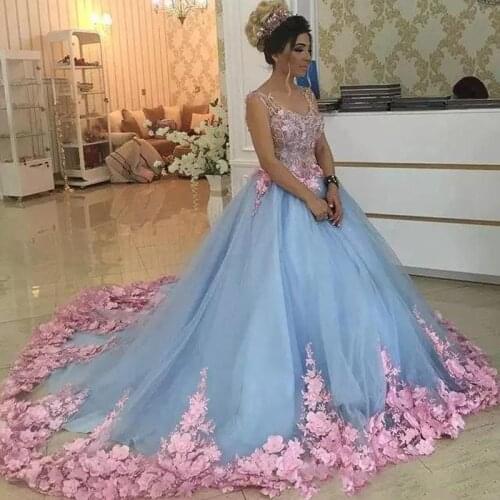 Baby Blue 3D Floral Masquerade Ball Gowns 2018 Luxury Cathedral Train Flowers Quinceanera Dresses Prom Gowns Sweet Girls 16 Year
