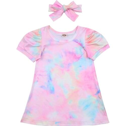2-6Years Kid Girl’s Dress Fashion Pom Pom Ball Tie-dye Round Neck Children’s A-line Princess Dress