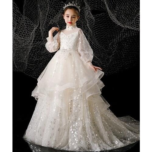 Lace Mermaid Flower Girl Birthday Party Ball Gowns Dresses Little Princess Dress for Wedding Kids Pageant Gowns Long Sleeve
