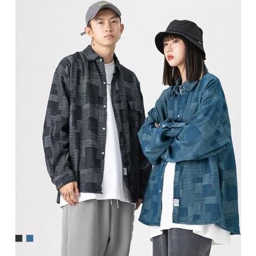 H1556 Men And Women Denim Coat Thin Jackets Lapel Streetwear Asymmetry Lattice Hip Hop Friend Clothes Boyfriend Shirt Cowboy