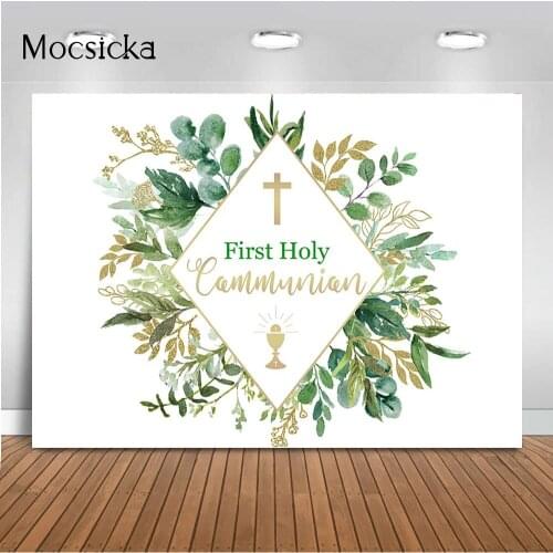 First Holy Communion Baby Shower Backdrop for Photography Green Leaves Kids baptism photo background studio photocall props