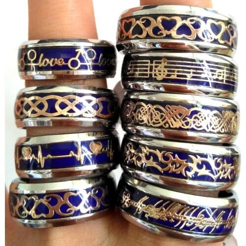 20pcs Unique MOOD 316L Stainless Steel Rings Popular Design TOP MIX Dragon Love ECG Color Change Men Wedding Rings Cool Jewelry