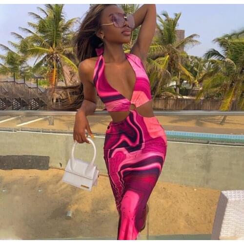 IMCUTE Tie Dye Summer Dress Women Waist Cut Out Backless Halter Robe 2021 Festival Clubwear Bodycon Sexy Party Maxi Dresses