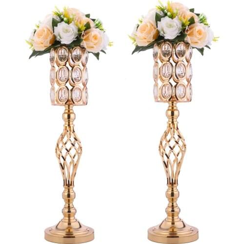 Metal Wedding Flower Trumpet Vase with Crystal Bead, Table Decorative Centerpiece Height Artificial Flower Arrangement for Weddi