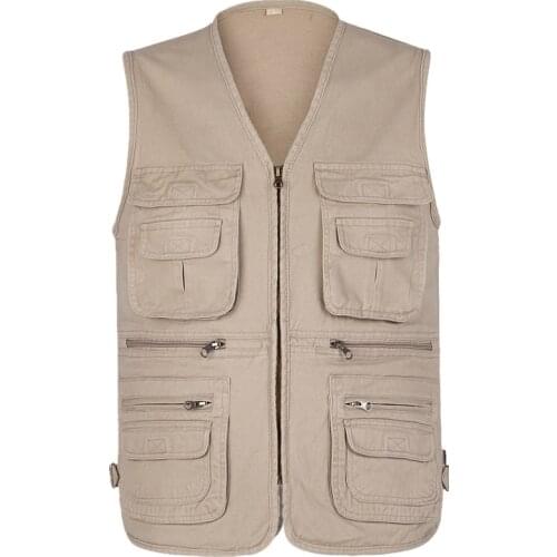 Spring Mens Khaki Jacket Vest , Male 100% Cotton Army Green Vests Coat , Casual Fall 4XL Pockets Sleeveless Jackets For Men