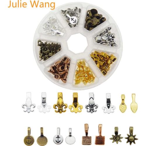 Julie Wang 120PCS/Box Shovel Shape Glue On Bail Tags Clasps Charms Pendant Necklace Bracelet Jewelry Making Accessory Set