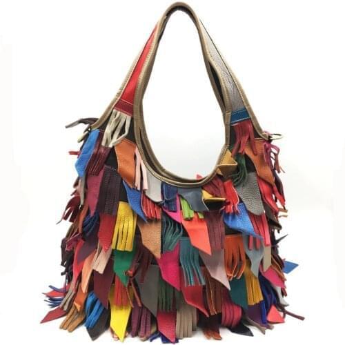 Newest Rainbow Womens Shoulder Bag Genuine Leather Handmade Tassel Handbag Crossbody Messenger Bag Totebag Big Hobo Female Bag