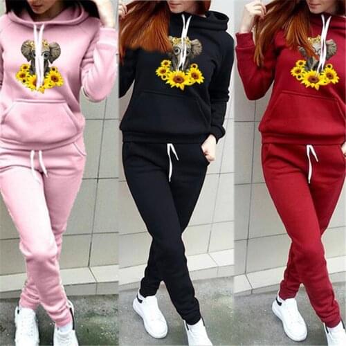 Autumn Winter 2 Piece Set Women Tracksuit Cute Elephant Floral Pullovers Hoodies Jogger Pants Suit Female Casual Outfits Clothes