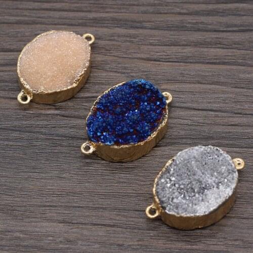 Natural Agates Druzy Pendants Oval Double Hole Connectors for Trendy Jewelry Making Women Necklace Crafts 20x30mm