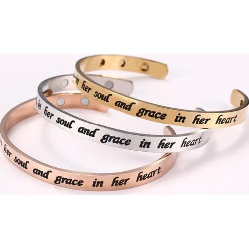 Popular Stainless Steel Engraved Inspirational Letter She Has Fire in Her Soul and Grace in Her Heart Magnetic Bangle for Women