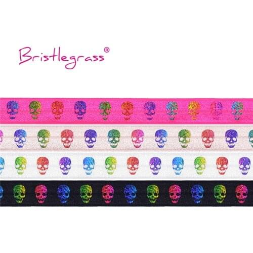 BRISTLEGRASS 5 Yard 5/8" 15mm Rainbow Skull Print Shiny Fold Over Elastic FOE Spandex Satin Band Headband Tutu Dress Sewing Trim