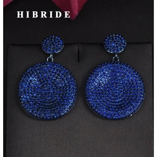 HIBRIDE Luxury Big Flower Shape Blue Cubic Zirocnia Setting Statement Earrings Brincos Dangle Earrings Boucle d'oreille E-691