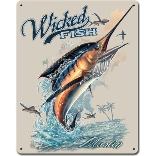 Pesca malvada pez Marlin estaño signo de la cueva del hombre