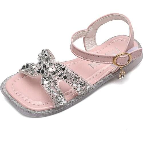 Girls Sandals Summer 2021 New Childrens Shining Rhinestone Princess Shoes Korean Baby Soft Sole Open Toe Shoes Flats Fashion