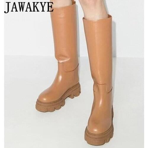 Genuine leather Knee high boots for Women High Quality Round toe Thick Sole Long boots Winter Luxury Brand Knight Boots mujer