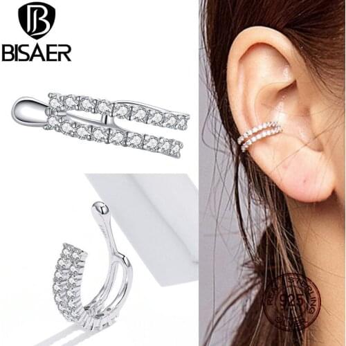 BISAER Geometric Ear Clip 100% 925 Sterling Silver Dazzling Zircon Small Earrings Ear For Women Simple Jewelry 2020 ECE904