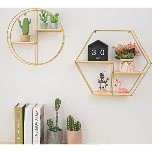 Nordic Iron Hexagonal Grid Wall Storage rack Shelf Wall Hanging Geometric Figure Wall Decoration Living Room decorative shelf