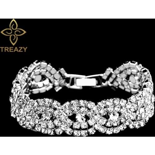 TREAZY Fashion Luxury Rhinestone Jewelry for Women Silver Plated Crystal Link Bracelets Bangles Wedding Party Accessories