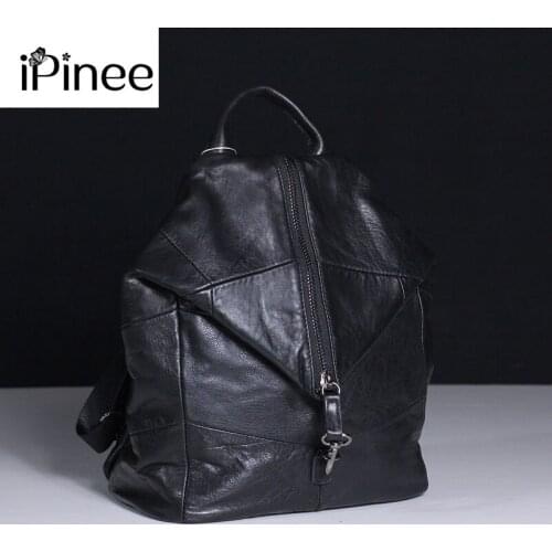 IPinee Vintage Backpack Woman Genuine Leather Travel Bags Female Zipper Laptop Lady Patchwork Shoulder Bag For School