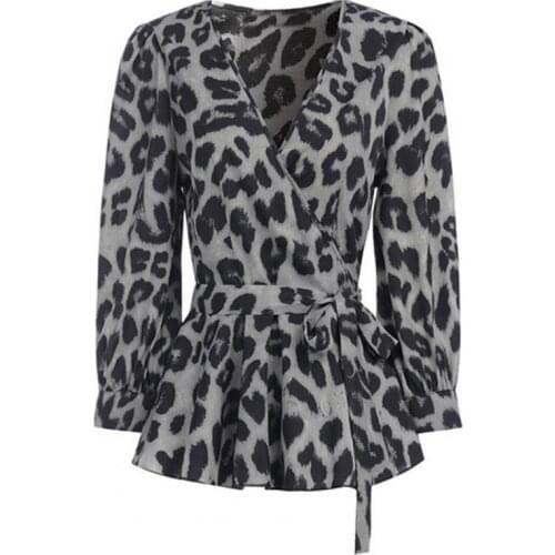 Women Blouse Leopard Print Breathable Cotton Blend Deep V-Neck Blouse for Work