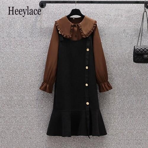 Plus Size Women Autumn Dress Suit Peter Pan Collar Shirt Top And Sundress Two Piece Set Outfit Sweet Korean Streetwear Clothing