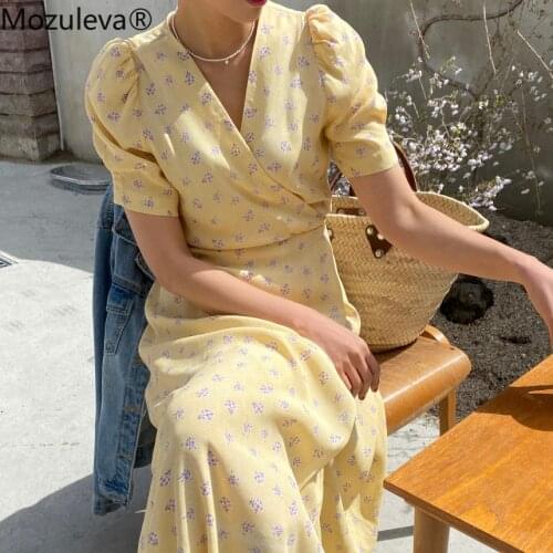 Mozuleva Summer Dress Soft V-neck Floral Print Ladies Midi Dress Short Sleeve Lace-up Slim Waist Female Dress Women Vestidos