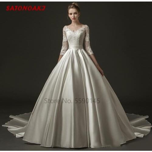 2020 Modest Ball Gown Satin Lace Wedding Dress With 3/4 Sleeves V Neck Corset Back Bridal Vintage Custom Made Vestido De Novia