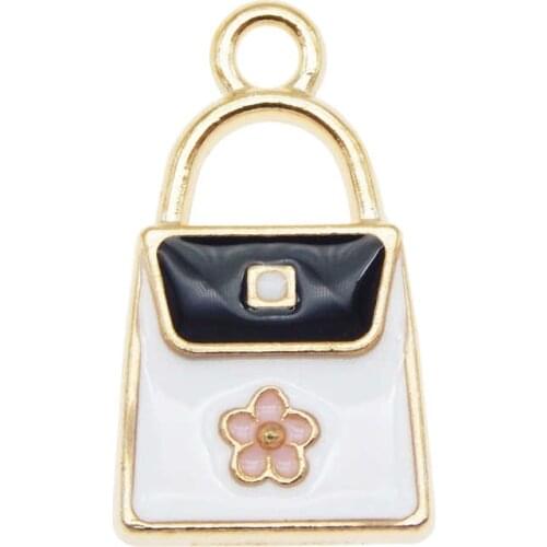 Julie Wang 10PCS Enamel White Purse Bag Charms Women Flower Handbag Alloy Gold Tone Necklace Bracelet Jewelry Making Accessory