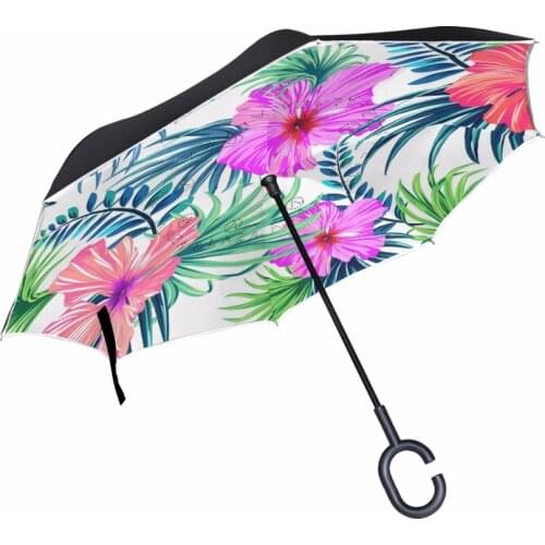 Tropical Flower and Leaf Sunny Umbrella Windproof Reverse Folding Double Layer Inverted Chuva Umbrella with C-Hook Hands For Car