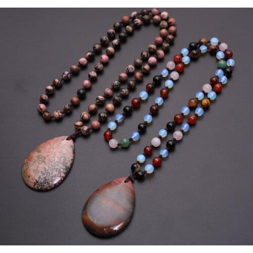 3pcs/lot Natural Stone Oval Aquamarines Rhodonite Waterdrop Opal Agates Beads Hand Knot Rope Accessories Pendants Necklaces Free