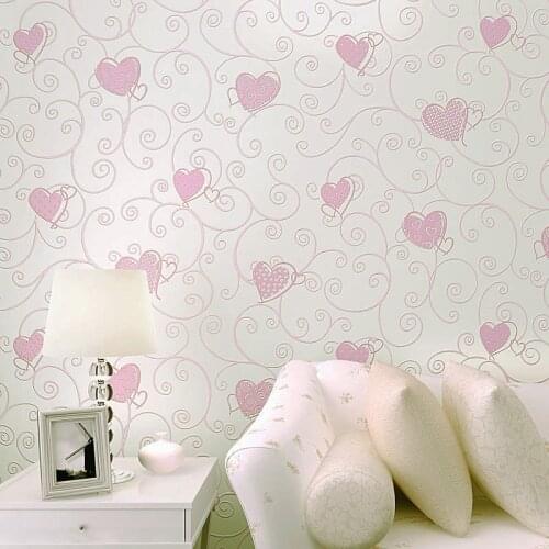 3D Pink Love Heart Cartoon Princess Girl Room Background Wallpaper Roll 3D Embossed Flocking Non Woven Kids Wall Covering Paper