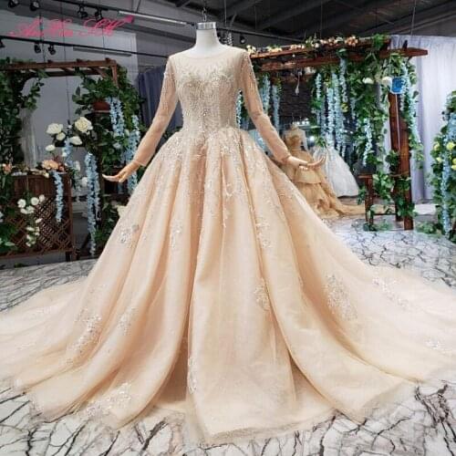 AnXin SH Luxury princess flower golden lace o neck beading crystal champagne long sleeve sparkly wedding dress 100% real photo