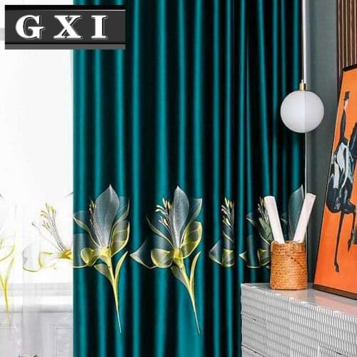 Satin Lily Embroidery Green Blackout Curtains for Bedroom Luxury Window Treatment Sheer Blue Tulle Living Room Kitchen