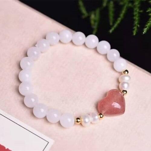 White Chalcedony And Strawberry Crystal Heart Bracelets For Women Beads Jewelry Making Fashion Friendship Gift