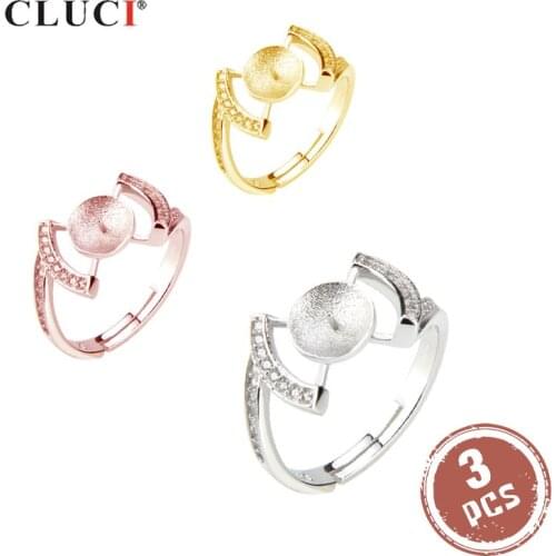 CLUCI 3pcs Silver 925 Adjustable Zircon Gold Color Ring for Women Pearl Jewelry 925 Sterling Silver Adjustable Ring SR201SB