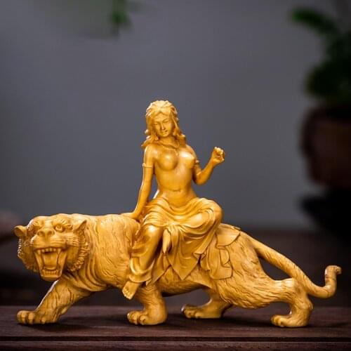 Boxwood 15cm Wood Statue Beauty tiger Office Decoration Figure Statue Home Decor Wood Sculpture Animal Sculpture Collection