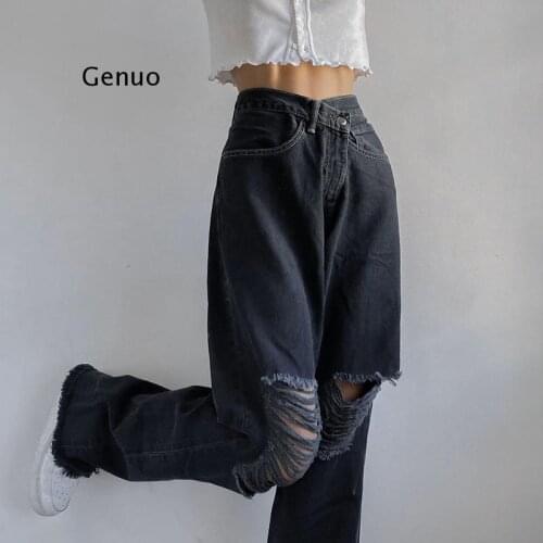 Baggy Black Boyfriend Jeans Pants Women Ripped High Waisted Denim Pants Capris Vintage Holes Distressed Trousers Y2K
