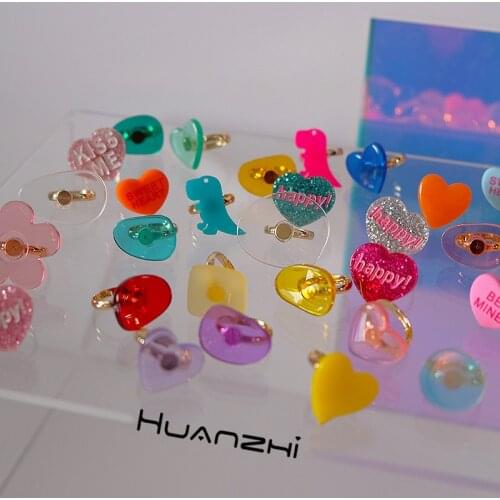 HUANZHI 2021 New Design Colorful Transparent Flower Heart Resin Dinosaur Geometry Acrylic Rings for Women Girls Simple Jewelry